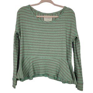 Free People We the Free Green/Brown Stripe Peplum Hem Thermal Top XS